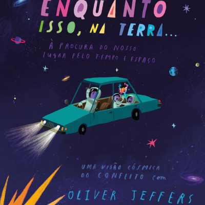 Capa de livro ilustrada com carro no espaço e texto colorido