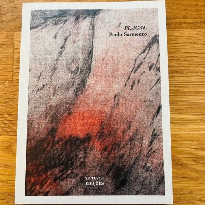 Livro PLAGAL de Paulo Sarmento com capa abstrata em tons cinza, preto e vermelho sobre madeira clara