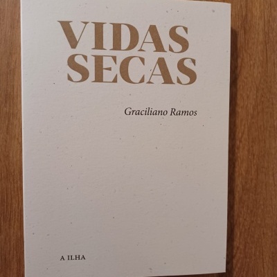 Capa de livro branco com texto 'VIDAS SECAS' de Graciliano Ramos