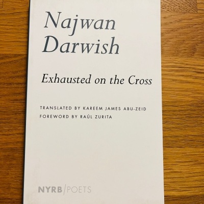 Livro com capa branca e texto em cinza e preto sobre mesa de madeira