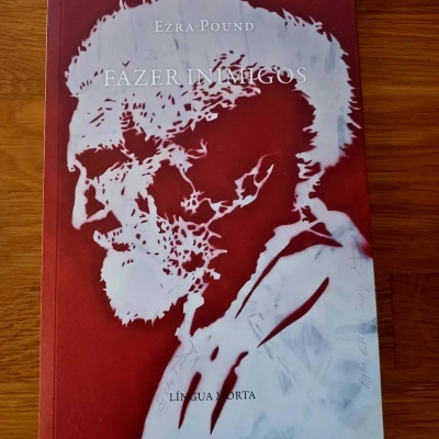 Capa de livro vermelha e branca com desenho de perfil masculino em branco e texto editorial