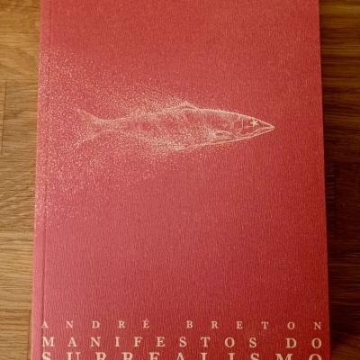 Capa de livro vermelha com ilustração de peixe e texto branco