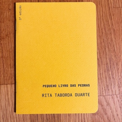 Livro amarelo com texto preto 'PEQUENO LIVRO DAS PEDRAS'