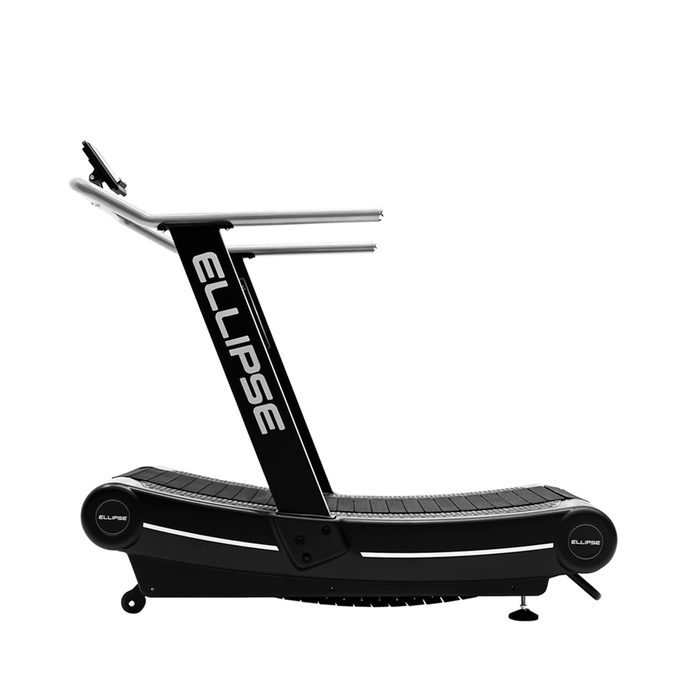 CURVE TREADMILL C-FIT Tapete rolante preto com estrutura metálica e marca ELLIPSE em branco