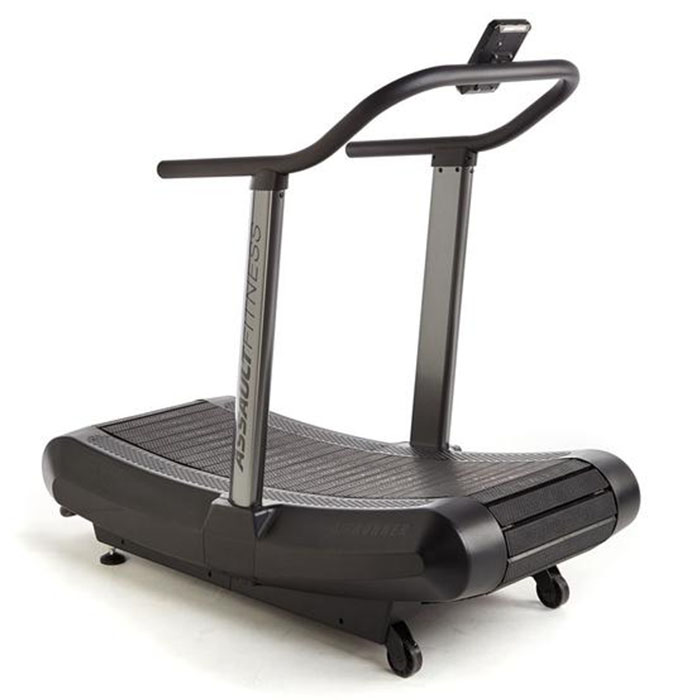 Assault AirRunner Tapete de corrida curvo preto com estrutura metálica e apoio para telemóvel