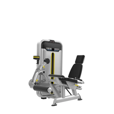 Máquina de exercício para pernas cinza e preto com detalhe amarelo