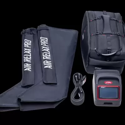 Conjunto de compressão de pernas AIR RELAX PRO com unidade de controlo e mochila preta