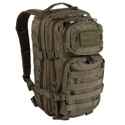 Mochila tática verde-oliva com vários bolsos e fechos
