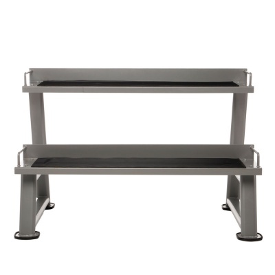 Banco de treino metálico cinza com superfícies pretas antiderrapantes
