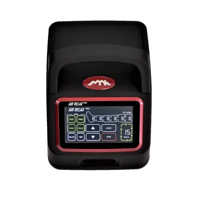 Dispositivo preto com painel digital de controlo vermelho e preto