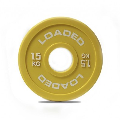 Anilha de peso redonda amarela com texto branco 'LOADED' e '1.5 KG' em fundo branco
