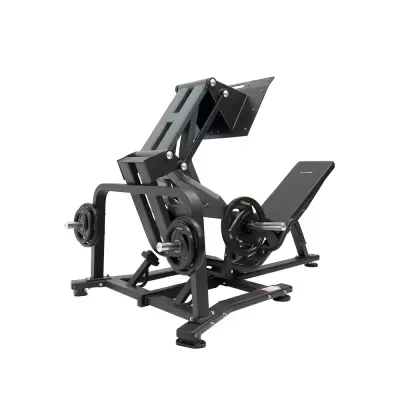 Máquina de treino de pernas preta com encosto estofado e pesos