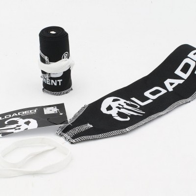 Bandagem desportiva preta e branca com texto 'LOADED EQUIPMENT' e logótipo