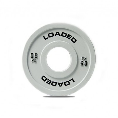 Disco de peso cinza claro com inscrições pretas 'LOADED' e '0.5 KG'
