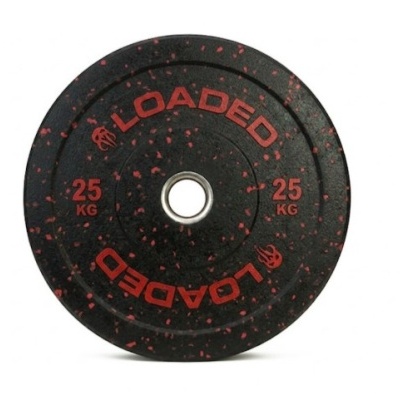 Disco de peso preto com pontos vermelhos e texto vermelho 25 KG LOADED