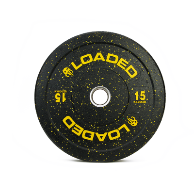 Pesa olímpica preta com manchas amarelas e texto amarelo LOADED 15 kg