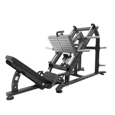 Máquina de leg press preta para ginásio com assento almofadado e placa metálica para os pés