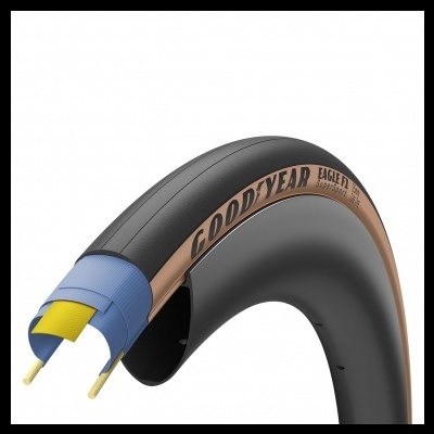 Pneu de bicicleta Goodyear Eagle F1 com faixa lateral castanha e estrutura interna visível