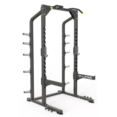 Estrutura metálica preta para fitness com puxador e suportes para pesos