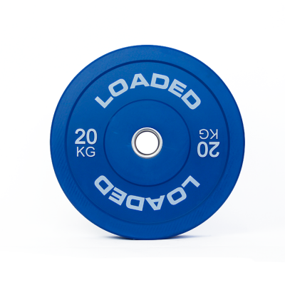 Disco de peso azul de 20 kg para treino com texto branco