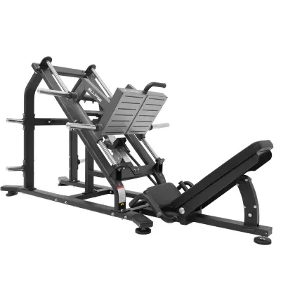 Máquina de leg press inclinada preta com assento acolchoado