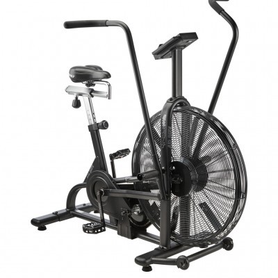 Bicicleta de exercício estática preta com ventilador frontal e assento ajustável