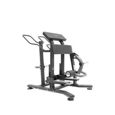 Equipamento de ginásio em metal preto com apoio almofadado e pegadores cinzento claro