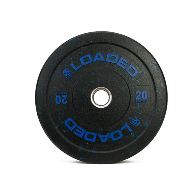 Disco de peso preto com manchas azuis e texto azul 'LOADED' e '20 KILOS'