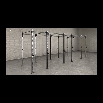 Estrutura modular preta para exercícios em ginásio com colunas e barras horizontais