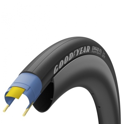 Pneu de bicicleta preto com corte interior azul e amarelo