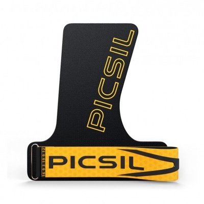 Apoio para pulso preto e amarelo com logotipo PICSIL