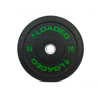 Disco de peso preto com texto verde Loaded e número 10