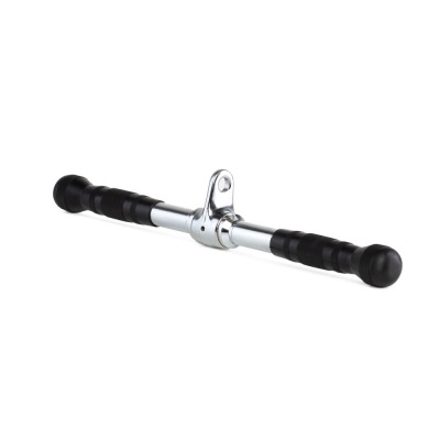 Barra metálica cromada com pegadores pretos e suporte central