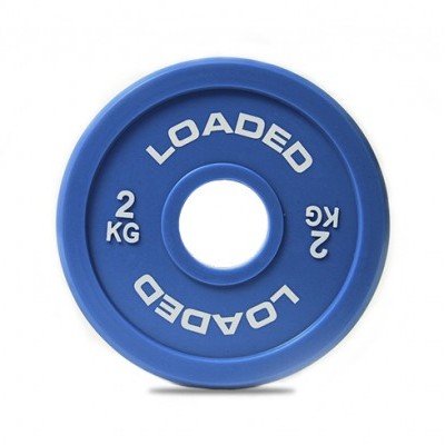 Disco de peso azul com texto branco LOADED 2 KG