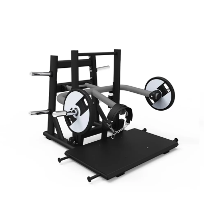 Equipamento de ginásio preto e cinzento com placas de pesos brancas e detalhes cromados