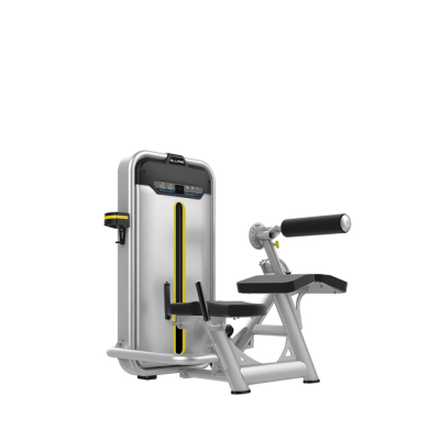 Máquina de exercício para extensão de pernas cinza e preta com detalhes amarelos