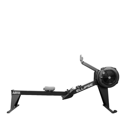 Máquina de remo preta com assento cinzento