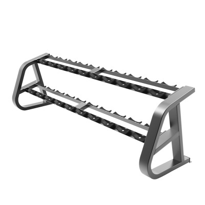 Estante metálica cinzenta para halteres com dois níveis