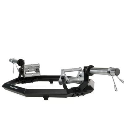 Suporte metálico para roda de bicicleta com rolos e mecanismos de aperto, base preta com texto ELLIPSE