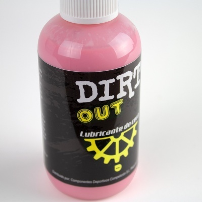 Frasco rosa de lubricante com rótulo preto e texto em branco e amarelo