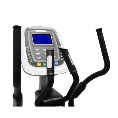 Máquina elíptica com painel de controlo branco e ecrã azul