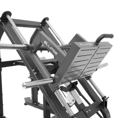 Máquina de leg press metálica cinzenta com acolchoado e plataforma texturizada ELLIPSE