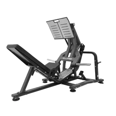 Máquina leg press preta com assento acolchoado e plataforma metálica para pés