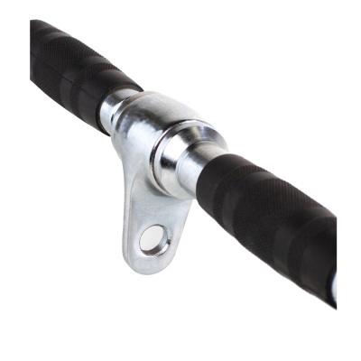 Barra metálica de fitness com punhos emborrachados pretos e suporte central prateado