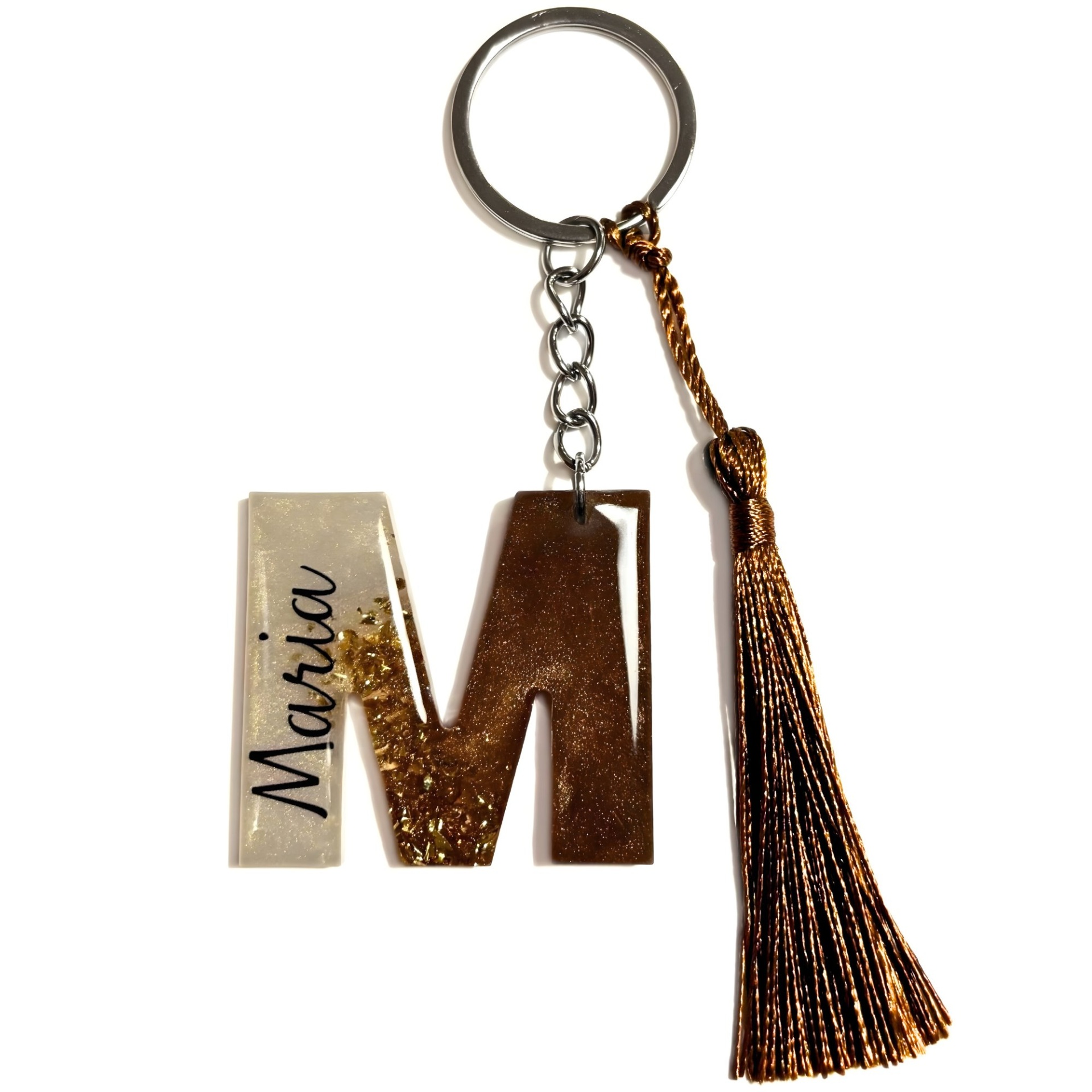 Porta-chaves letra M com glitter e tassel dourado