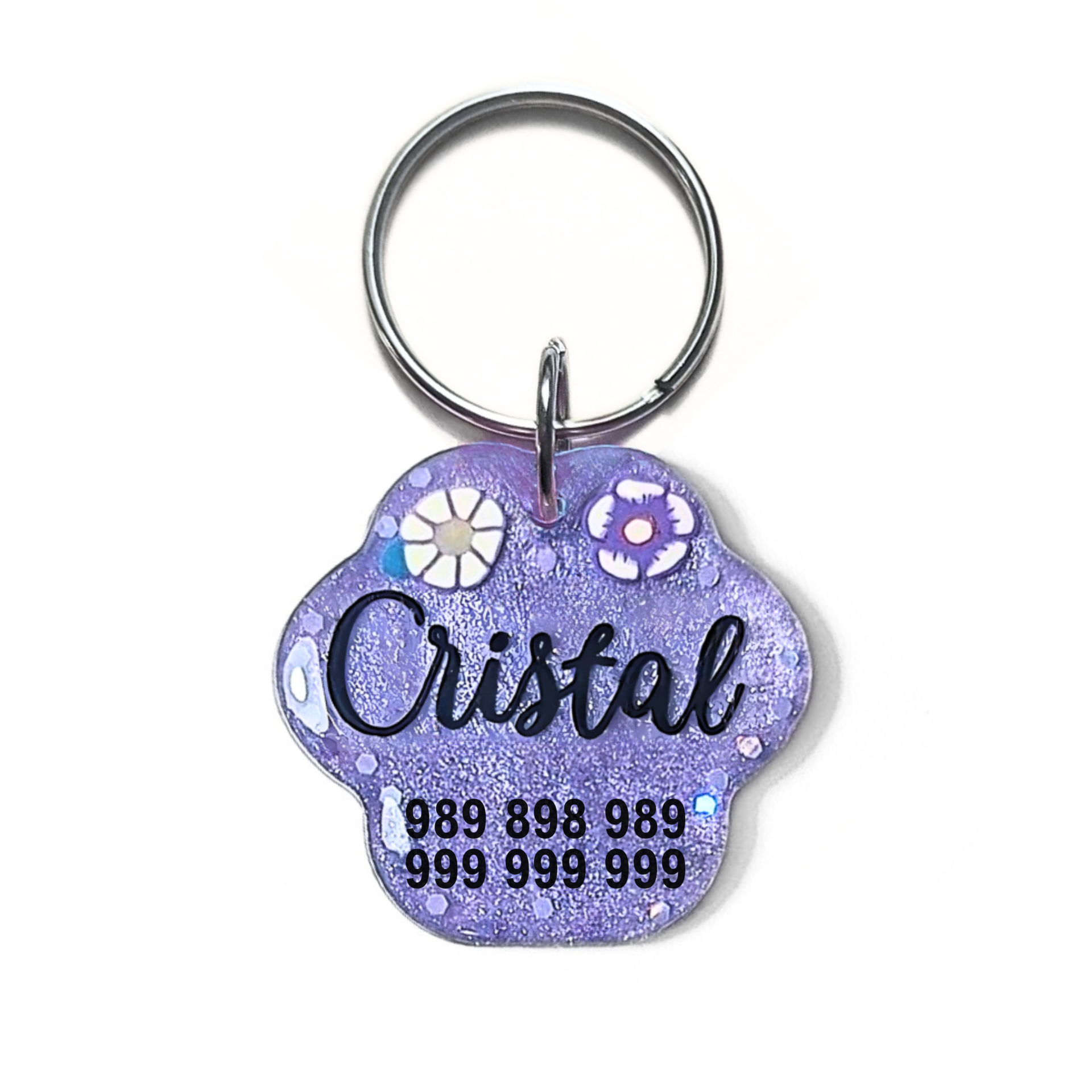 Chaveiro em forma de pata lilás com flores e texto preto