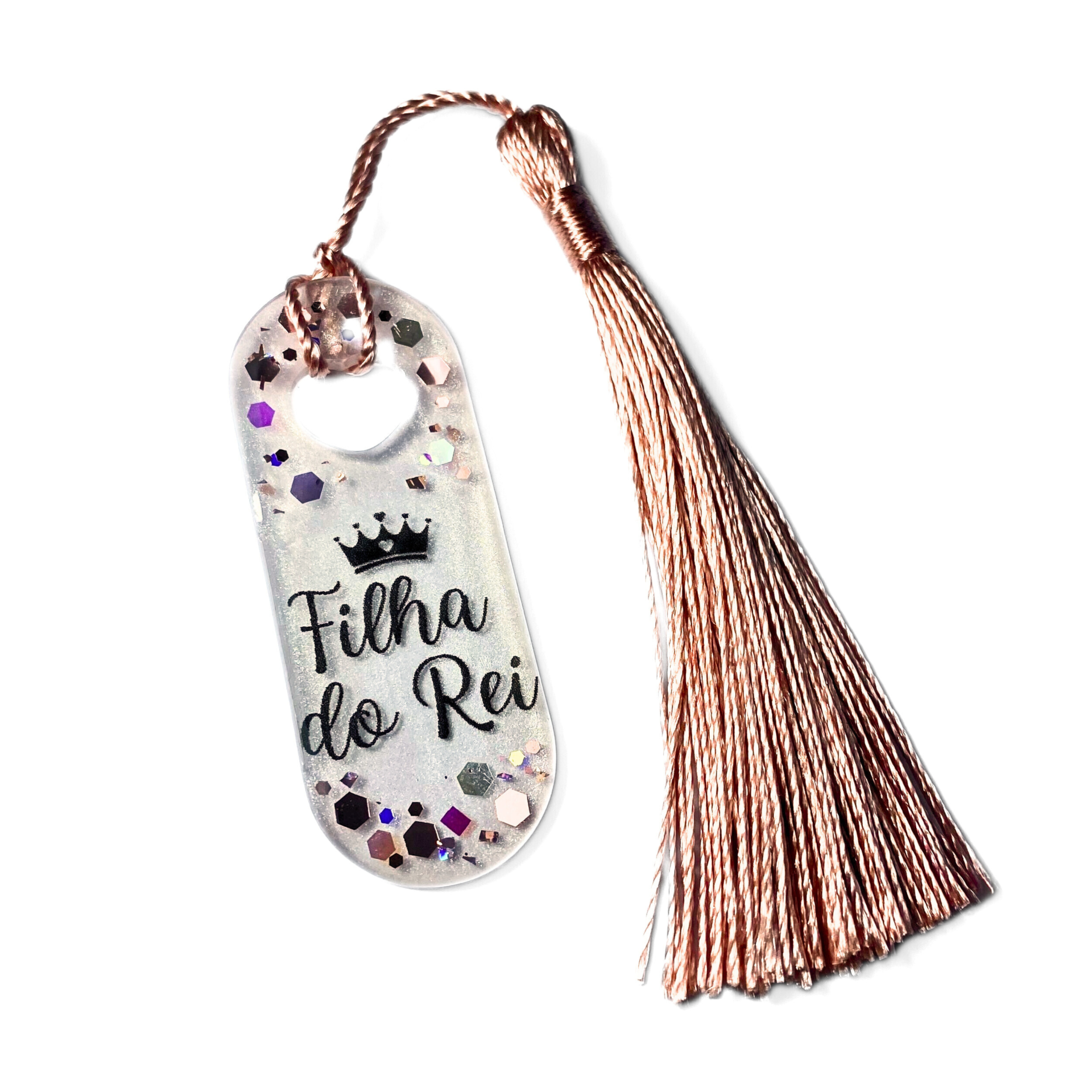 Marcador de livro transparente com glitter e tassel cor de rosa, com texto Filha do Rei.