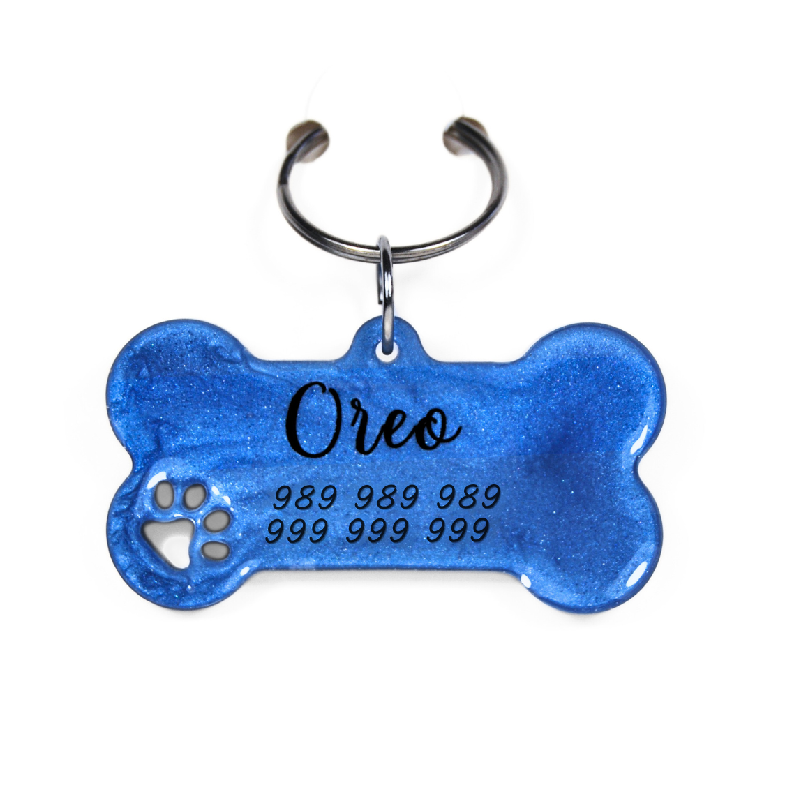 Identificador para cão azul em forma de osso com texto 'Oreo' e números