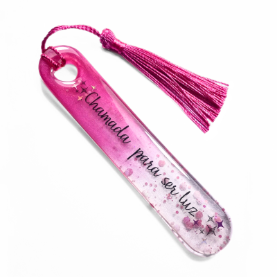 Marcador de livros rosa em resina com texto e tassel rosa