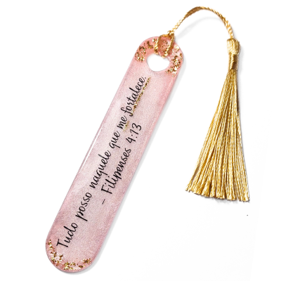 Marcador de livros rosa com glitter dourado, tassel dourado e texto religioso.